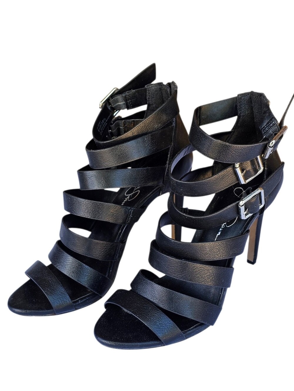 Jessica Simpson Black Leather Multi-Strap Stiletto Sandals